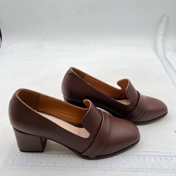 FOWT Women's Loafer Slip Ons Closed Round Toe Block Chunky Heels Pumps Brown - Picture 4 of 8